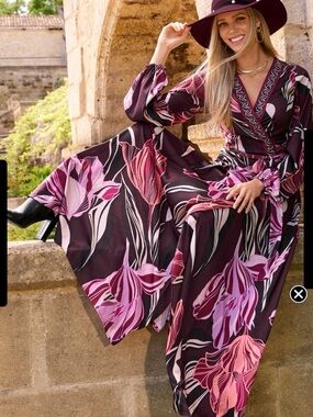 Boston Proper Plum Floral Wrap Maxi Dress with Pink Accents